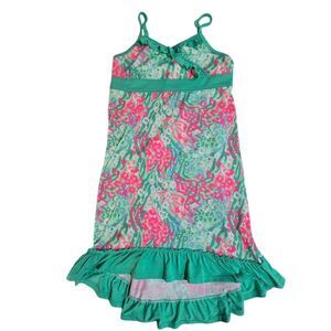 Justice Girls Sleeveless Nightgown 12‎ Green Pink Tropical Hi-Low Ruffled Midi
